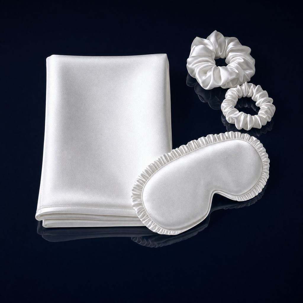 Dream Set · Kissenbezug, Schlafmaske & Scrunchies – Nachtseide
